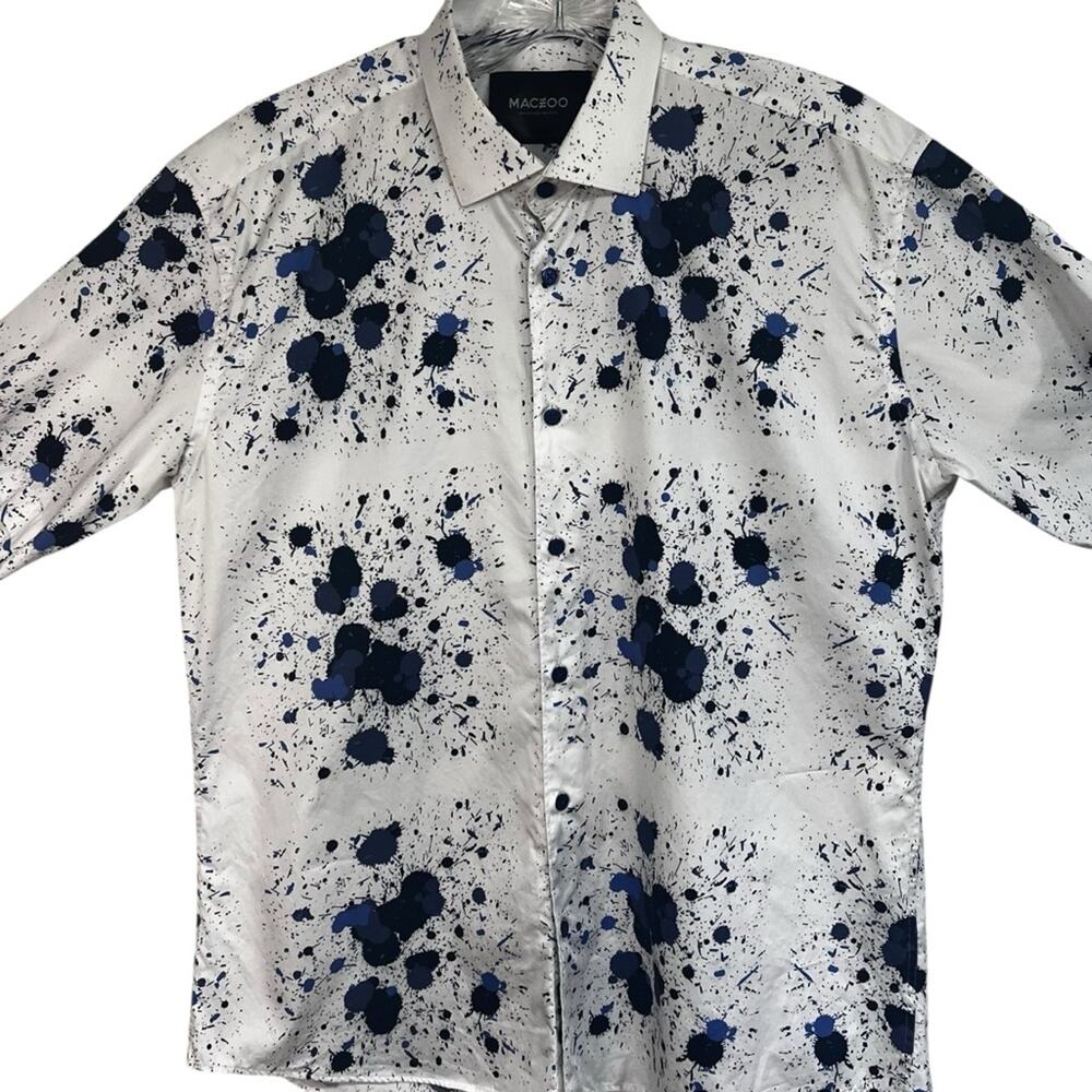 Maceoo Italian Digital Fabric Paint Splatter Shirt White Blue Short Sleeve | XL